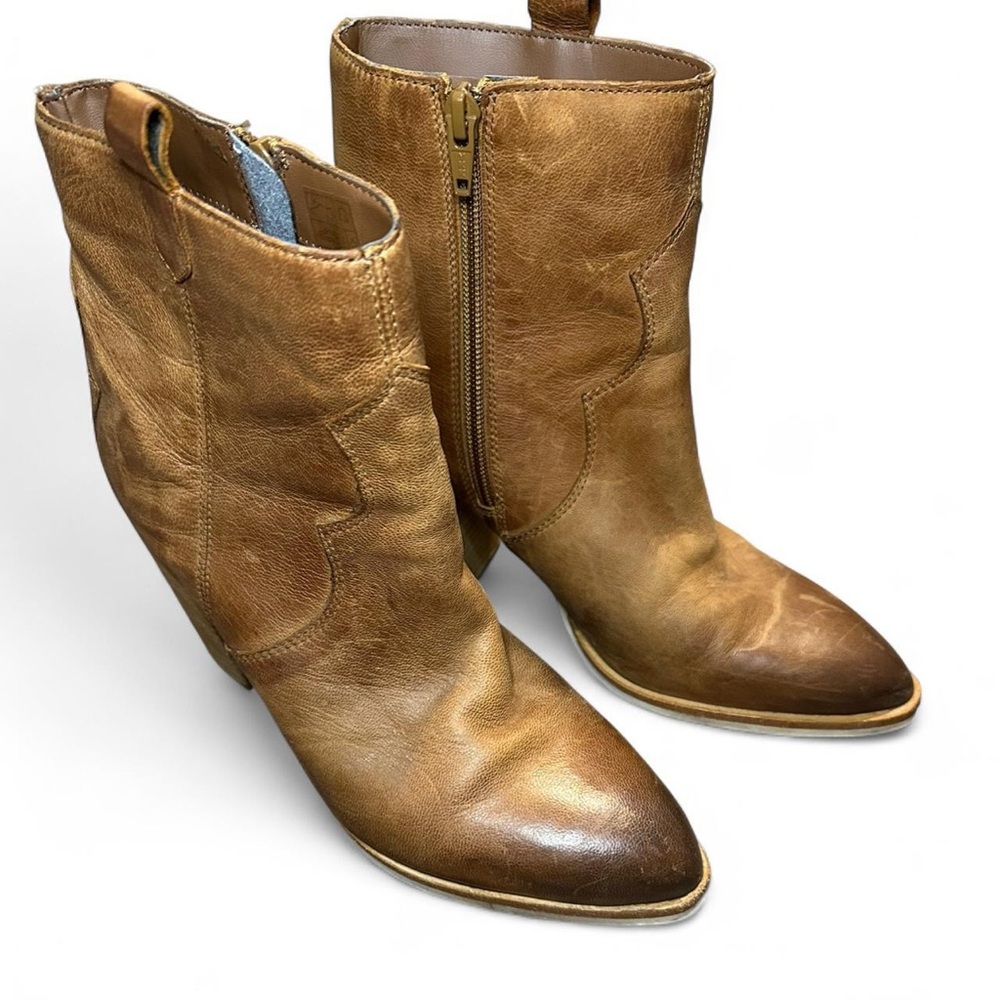 Women's Tan Leather Ankle Boots with Side Zip